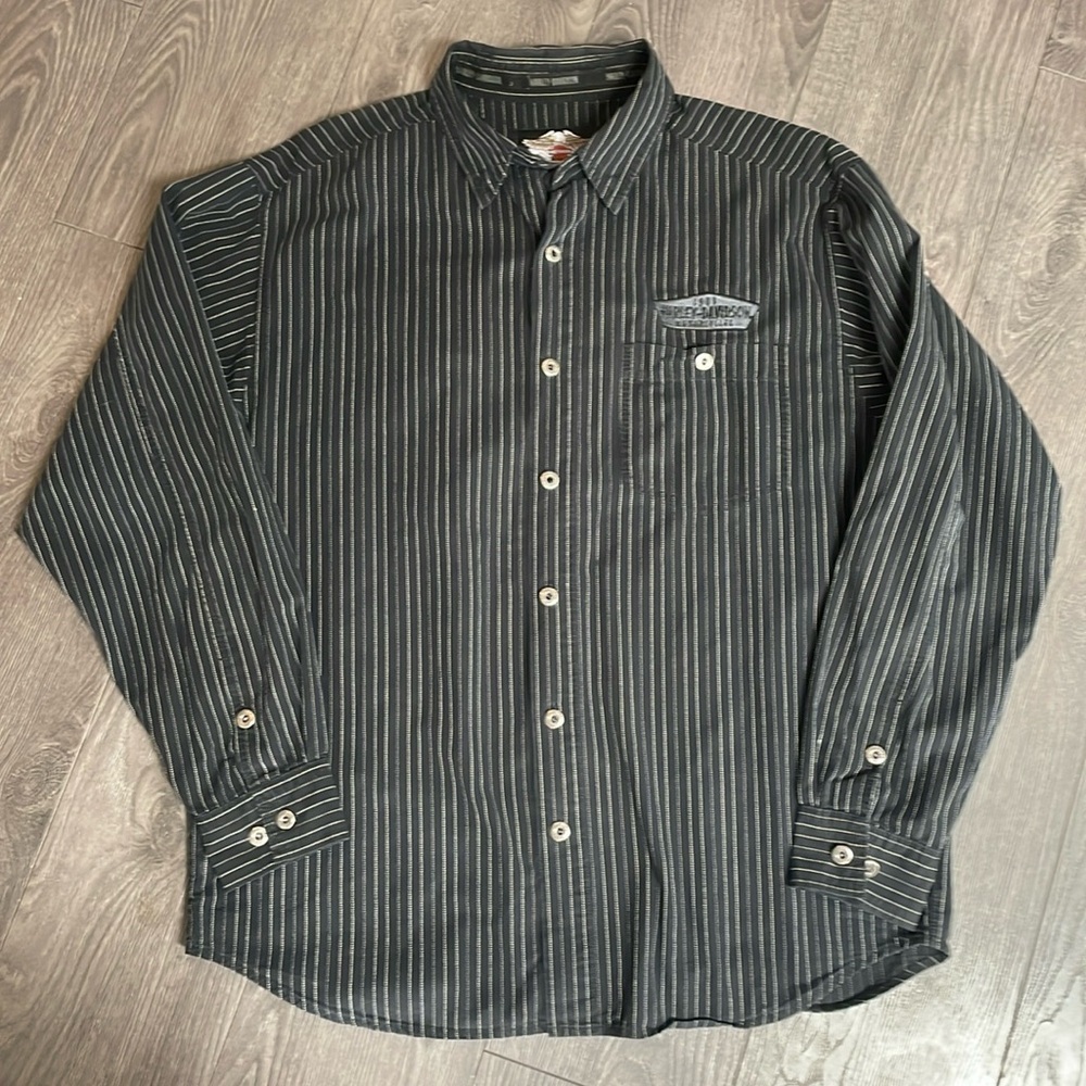 Harley-Davidson Gray Black Pinstriped Garage Mechanic Biker Shirt size large